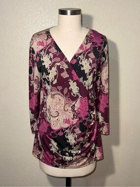 Susan Lawrence Boho Paisley Faux Wrap Ruched Rhinestone Blouse L